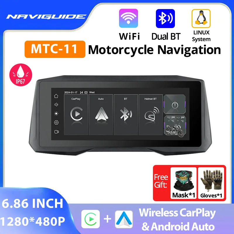 

NAVIGUIDE 7 inch MTC-11 Carplay Display Screen Portable Motorcycle Android Auto 1280*480 WIFI MOTO Navigation Speed BT