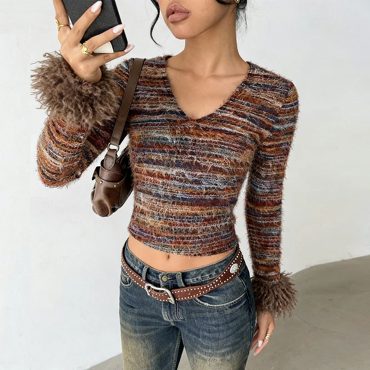 Novidade outono/inverno mais vendida: top de malha listrado vintage multi-coló slim fit recortado com decote em V