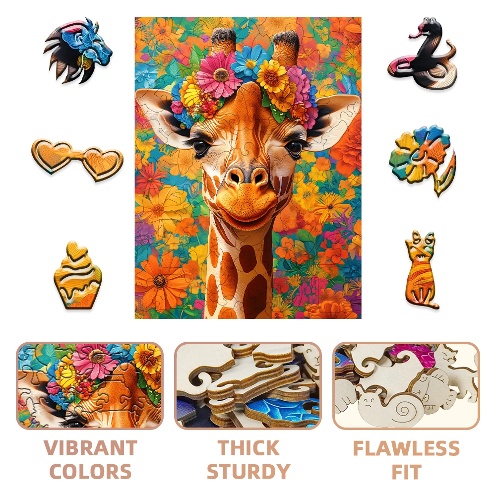 독특한 모양의 나무 직소 퍼즐 - 꽃무늬 기린 디자인, 성인 및 어린이 가족 게임, 아버지의 날을 위한 이상적인 선물