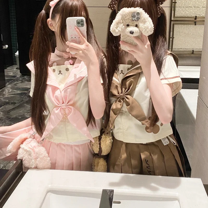 2024 New Japanese Jk Uniform Summer Cartoon Print Sailor Collar Short Sleeves Pink Brown Top Pleated Skirt Suit For Girls