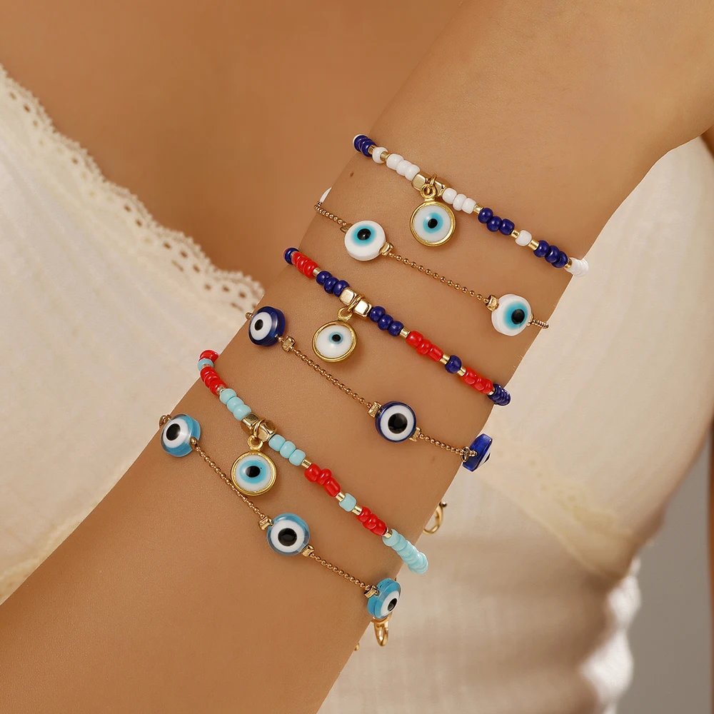 

Bohemian Evil Eye Beads Bracelet Set for Women Classic Blue Eyes Resin Metal Chain Bracelet Fashion Jewelry Gift
