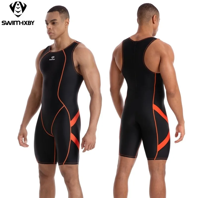 Back Zipper One Piece Swimsuit Knee Length Racing Swimsuit Male Swimming Outfit HXBY Men Women Professional Sporty Swimwear