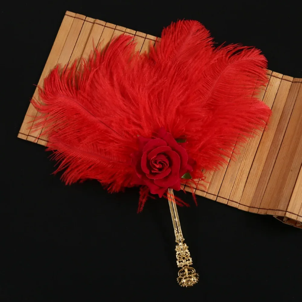 Gold Handle Ostrich Feather Fan Soft Fluffy Handmade Craft Chinese Hand Fan Fan Artificial Rose Feather Rose Fan Masquerade Ball