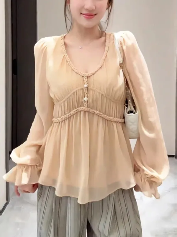 

plus Size Korean Style Casual Chiffon Shirt Women's Spring Design Slimming Top for Plump MM Commute Fashion V-Neck Long Sleeve