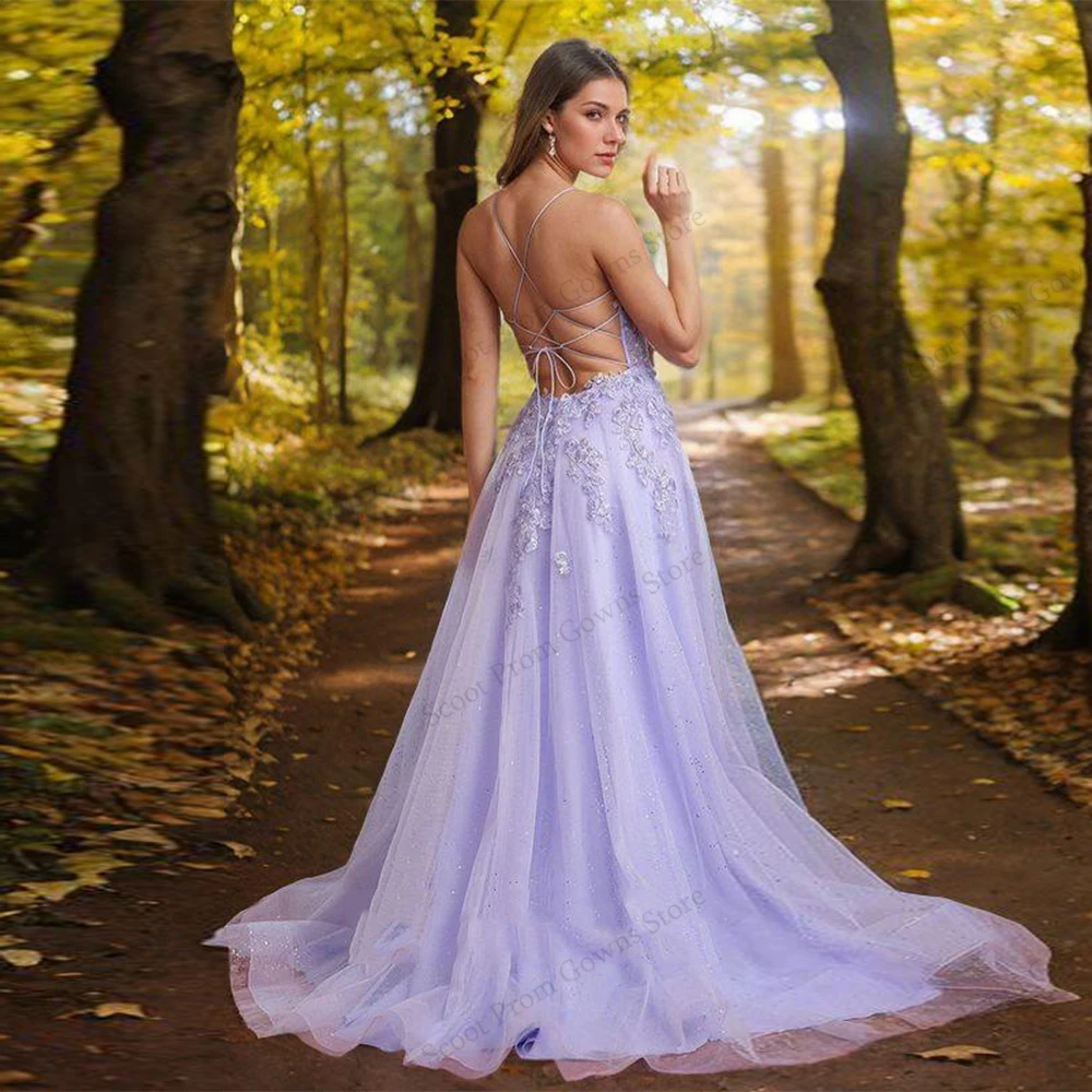 فساتين سهرة أرجوانية للفتيات 2025 مخصصة بدون أكمام فساتين حفلات رائعة مع دانتيل جديد ناعم تول رداء De Soirée Summer