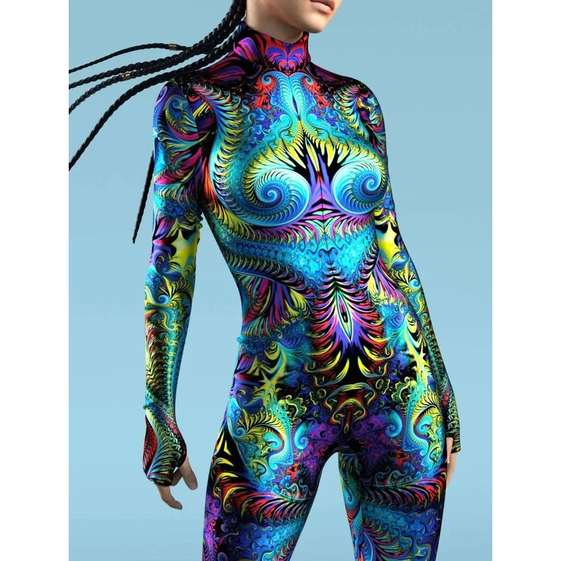 Multicolour printing holiday party women kids rainbow sexy skinny jumpsuit wear onesie cosplay costume elastic bodysuits rompers