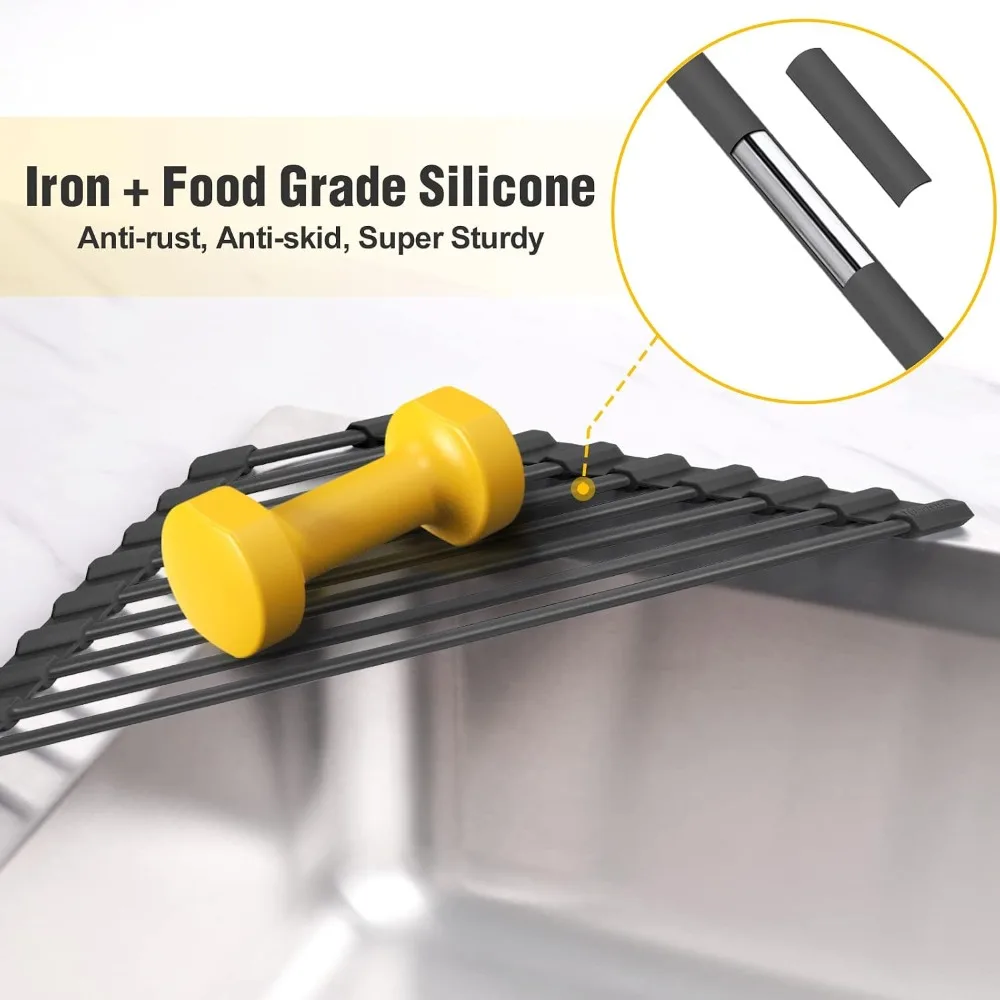 Triangular Roll-Up Dish Drying Rack with Silicone Coating Stainless Steel Frame, Space-Saving Kitchen Sink Organizer, Black - view 3