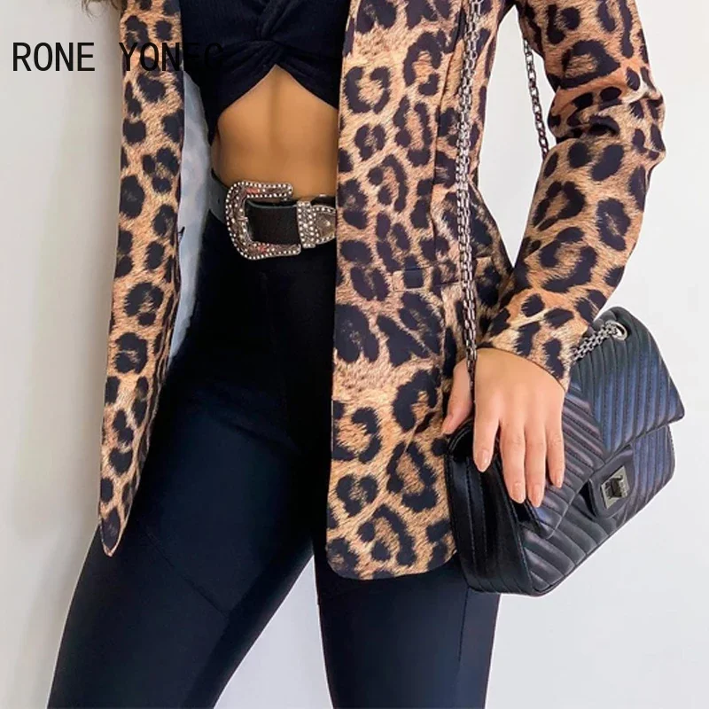 Women Chic Casual Elegant Leopard  Notched  Collar Detail Double Blazer Women Top