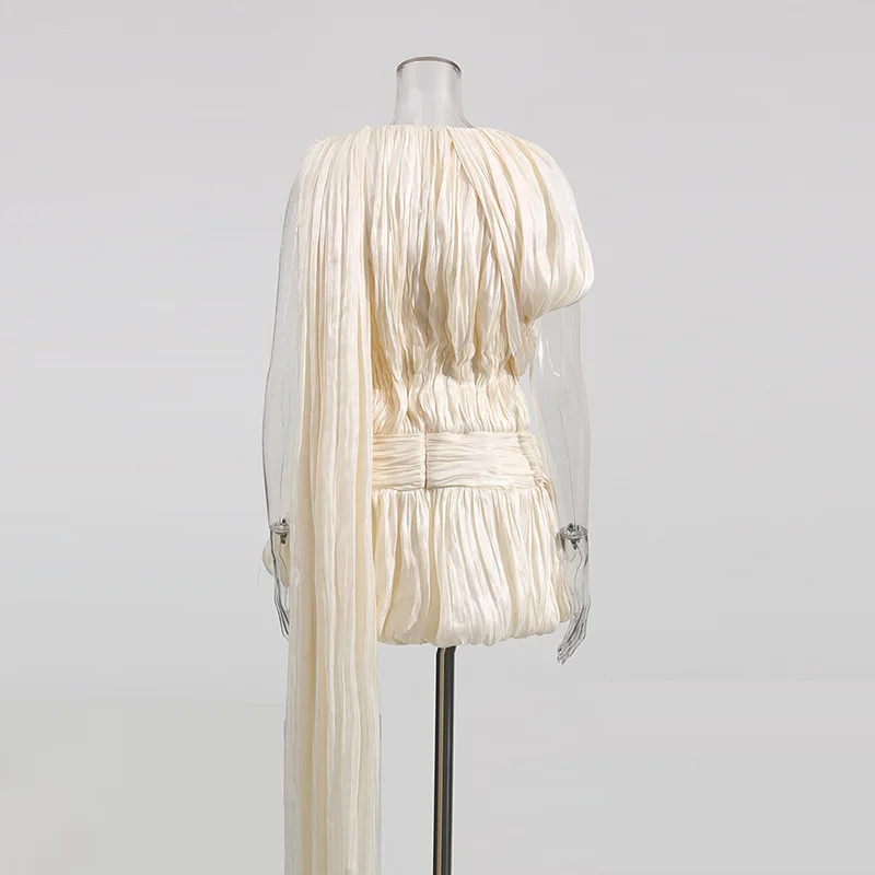 QMANSHA Maßgeschneidertes Elfenbeinfarbenes Plissiertes Satin-Minikleid Einschultriges Drapiertes Kleid mit Geraffter Taille und Langem Gürtel Cocktailkleid Übergröße für Damen – Detail 8