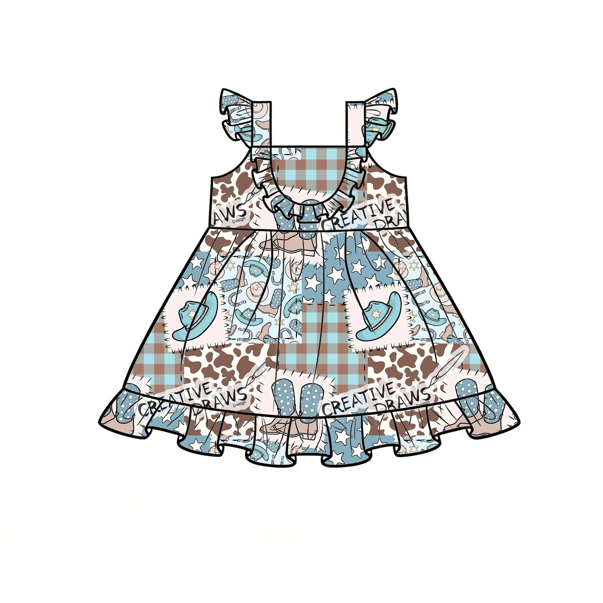 Boutique hot-style sling halter-neck ruffle dress animal western cowboy print custom wholesale available