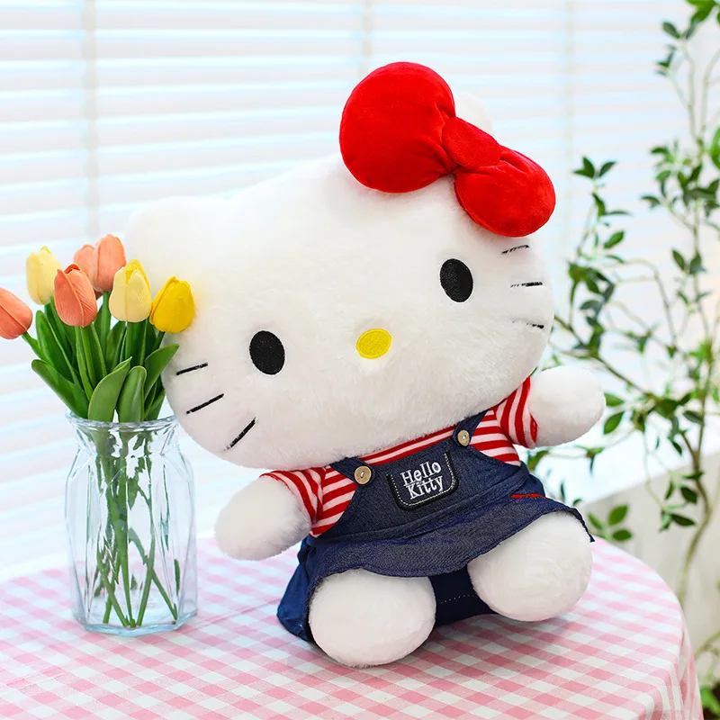 Kawaii Hello Kitty poupées en peluche dessin animé Cowboy jupe Sanrio peluche arc Kitty Animal sommeil oreiller cadeau pour enfants anniversaire noël