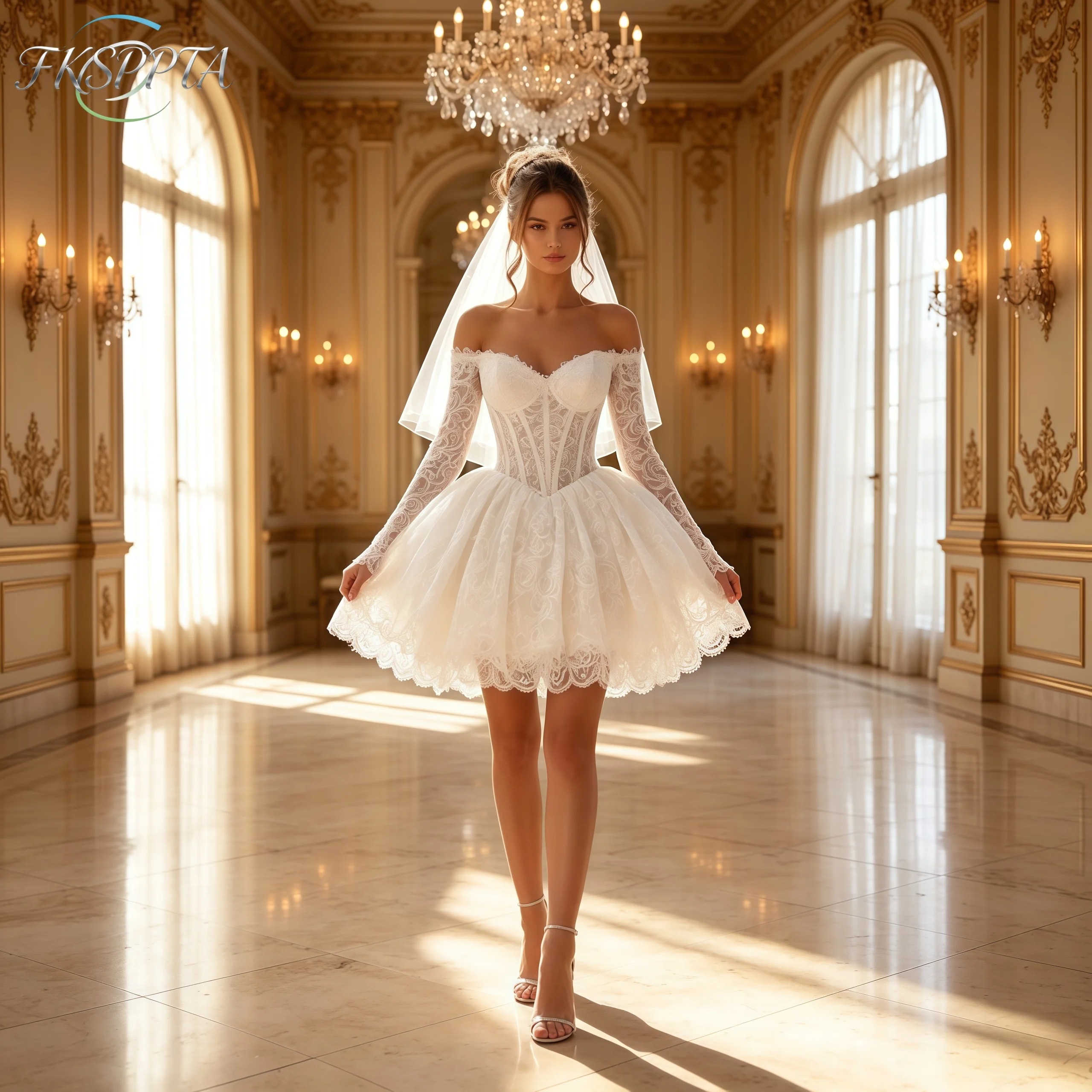 Short Sweetheart Off Shoulder Lace Wedding Dress Corset Back Puffy Mini Wedding Bride Gowns Custom Made Robe De Mariee