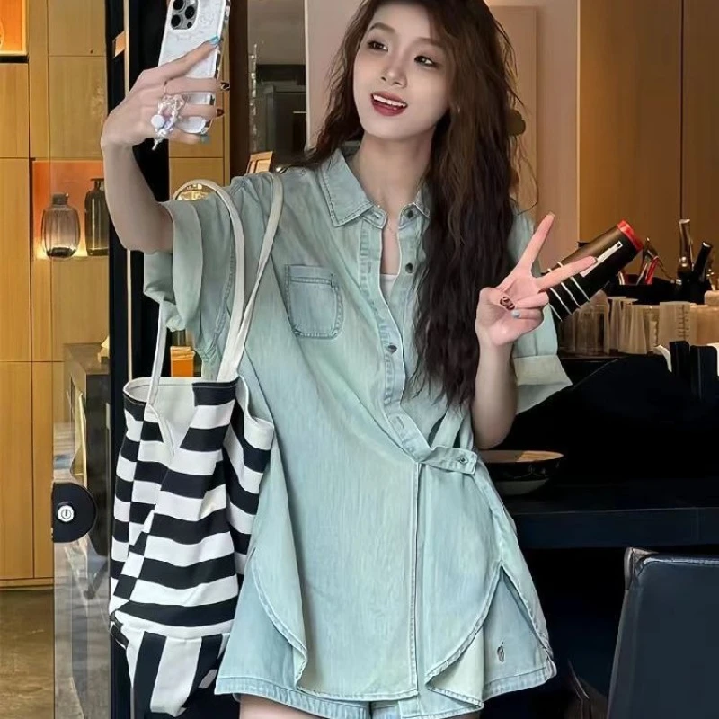 

Denim Short Shorts Two Piece Set Women Summer 2026 New Arrival Premium Feel Chic Sassy Vibe Cool Streetwear Outfit