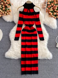 Autumn Women Chic Sexy Off-shoulder Hollow Bodycon Hip Wrapped Knitted Stripped Dress Winter Elastic Ady Party Sweater Dresses