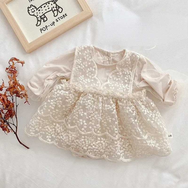 

Baby Romper Dress Girl Spring and Autumn Princess Dress Baby Lace Sweet Solid Colour Casual Simple Cute Out Wear for Baby Kids