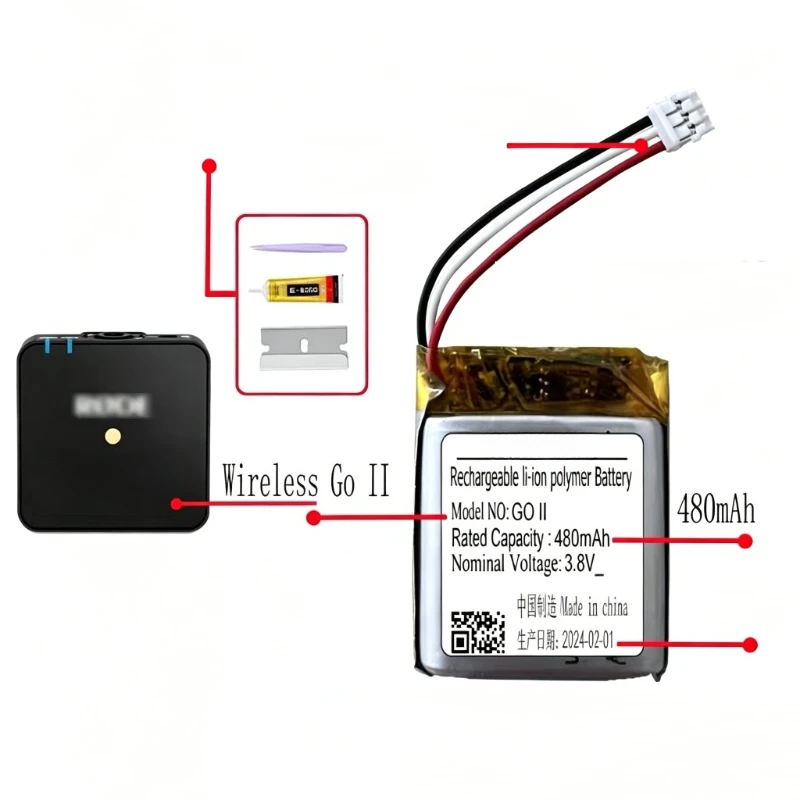 3.7V/3.8V 480mAh Replacement Li-Polymer Battery for RODE Wireless Go II/Wireless ME/Wireless Pro Microphone Battery Accessories
