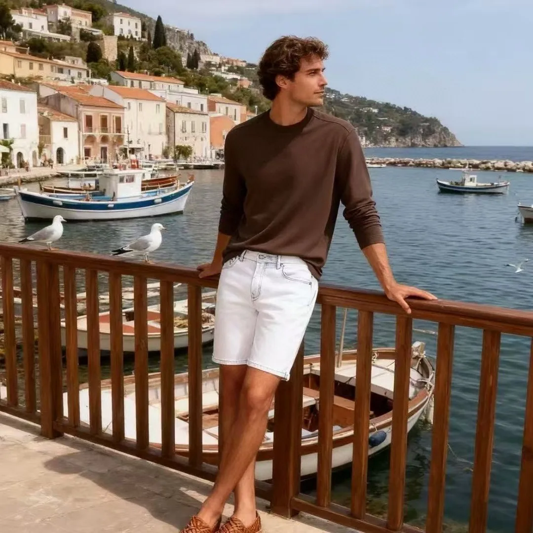 

Italian Luxury Men's T-irt Pure Color round Ne Long Sve Silk Cotton Base irt Faionable Autumn Winter New Arrival