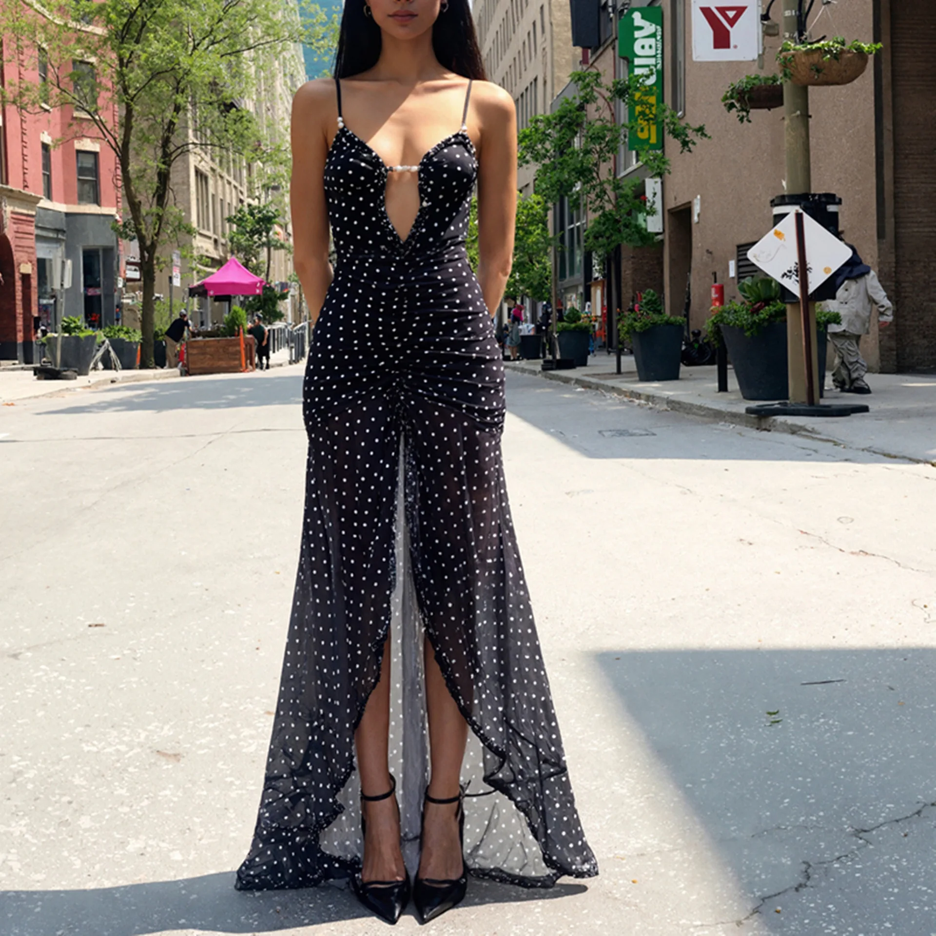 

Polka Dots Spaghetti Strap Long Dresses Women Sexy Vacation Style Package Hip Irregular Slit Dress Female Summer Maxi Vestidos