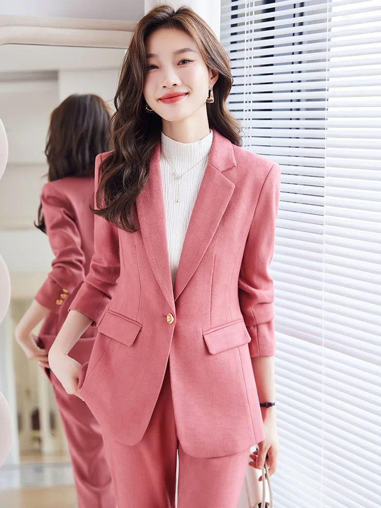 Pink Blue Black Women Pant Suit High Quality 2 Piece Set Office Ladies OL Girl Formal Jacket Blazer And Trousers For Work Wear