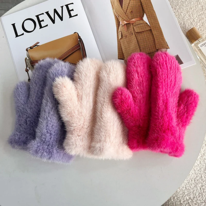 

Mink Fur Gloves Winter Full Finger Gloves For Women Handmade Knit Fur Mitten Fashion Soft Warm Natural Mink Fur Gloves Female