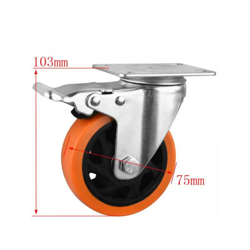 1 Pcs Packaging 3-inch Casters Universal Wheel With Brake Diameter 75 Double Bearing Orange Flower Rotating Mechanical Caster