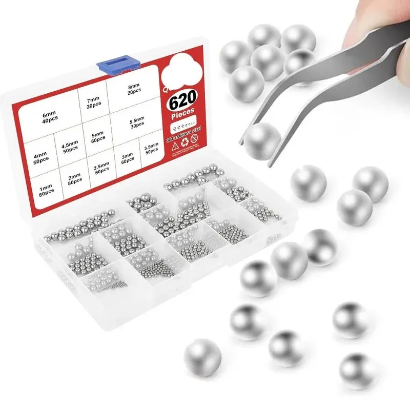 620Pcs Precision Bearing Steel Balls Metal Balls Mini Solid Ball Bearing Beads Assortment Kit 1/2/2.5/3/3.5/4/4.5/5/5.5/ 6/7/8mm