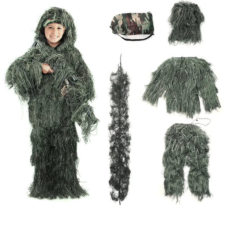 Outdoor Children Kids Ghillie Suit Camouflage Forest 3D Tactical Suits Clothes Airsoft CS Boys Girls Survival Game Gear