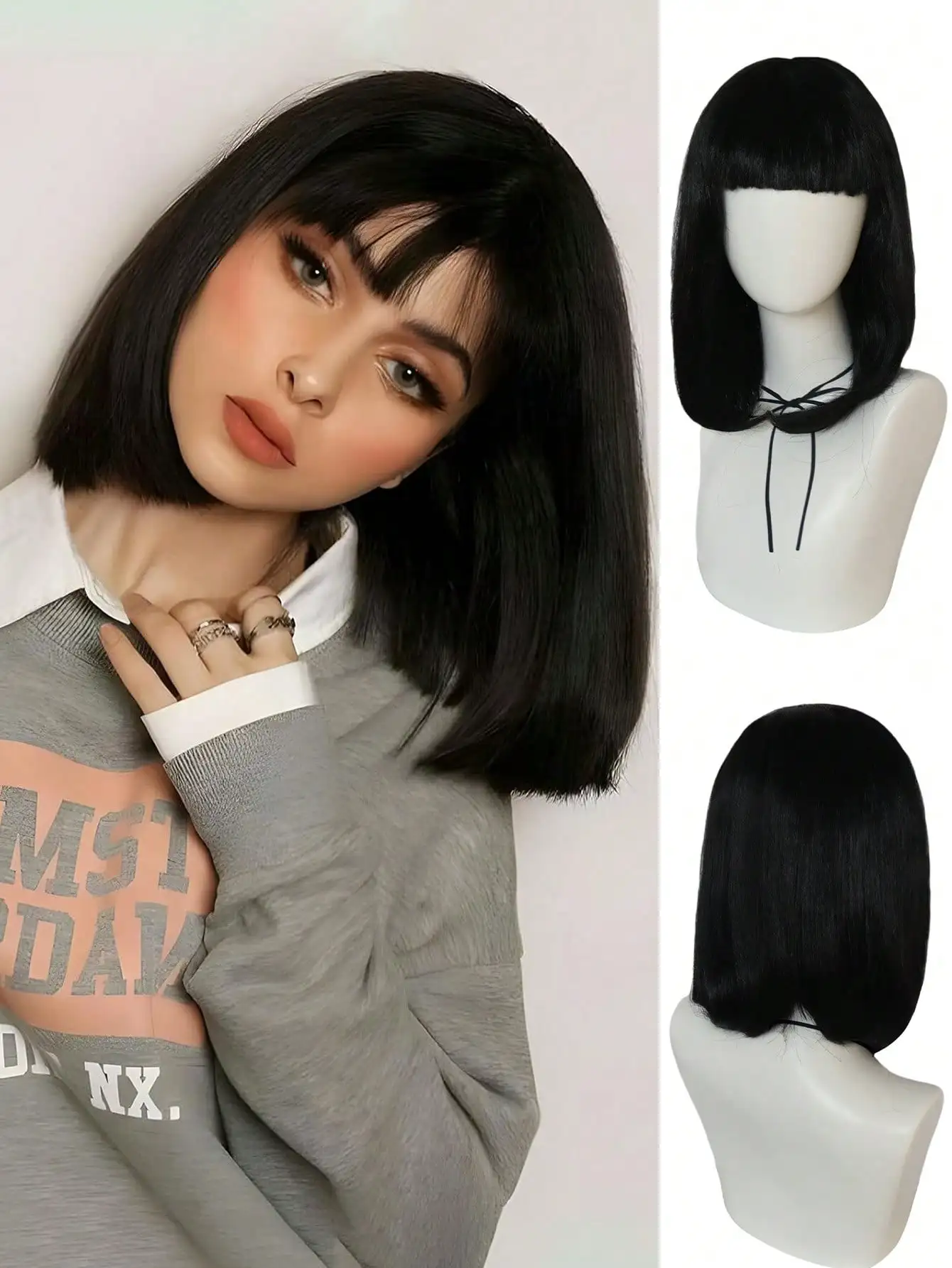 12 Inch Short Black Bob Wig with Bangs for Women Natural Looking Classic Fashion Synthetic Wig for Girls Daily Party