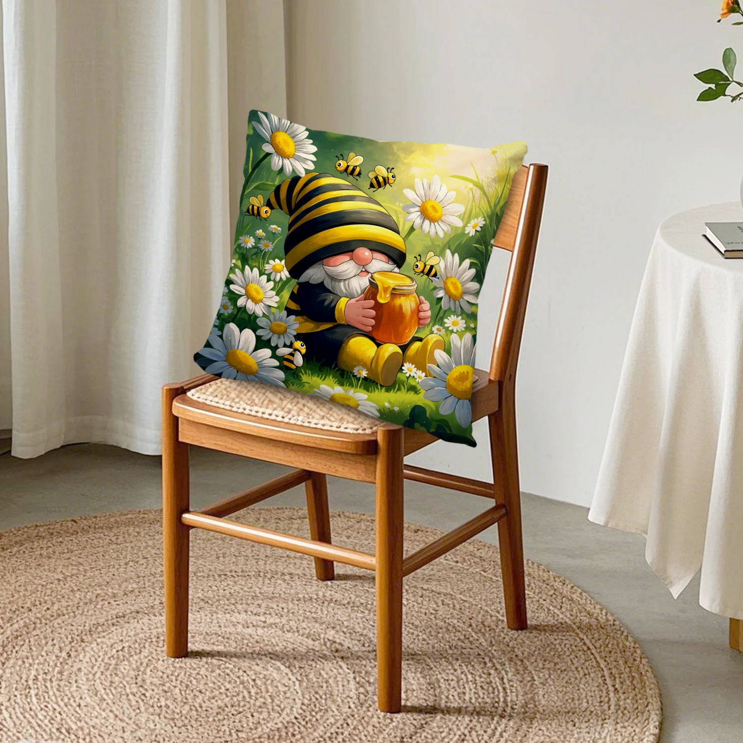 Honey Bee Gnome Daisy Floral Throw Pillow Covers Decorative Cushion Cover for Sofa Bed Living Room Spring Summer Garden