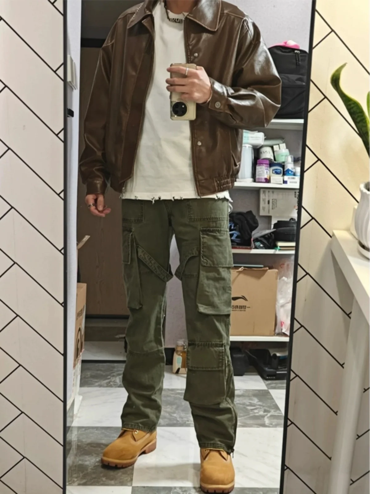 

Military een Work Trousers Men's Spring Autumn Sle Zipper Cuffed Multi-ket Design American Retro Straight Leg Pants