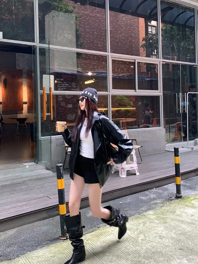 Retro Biker Jaet Damska Luźna Kurtka Długa Casualowa Narzutka Jesień 2025 Nowość Wszechstronna Wyszczuplająca Bluzka