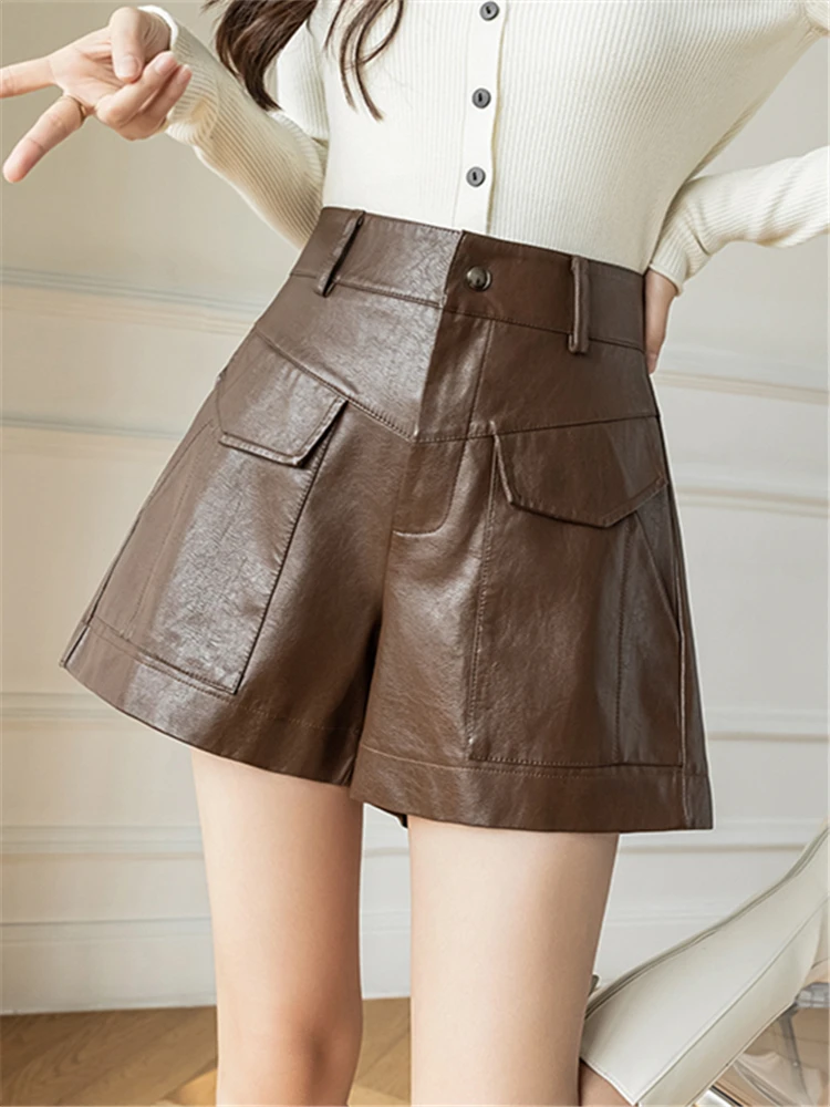 Seoulish PU Faux Leather Women\'s Shorts Pockets 2022 New Autumn Winter High Waist Coffee Wide Leg Pants Female Office Trousers