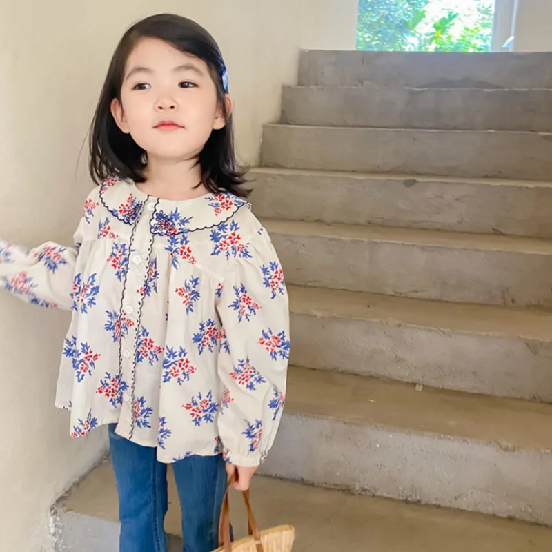 

Girls Shirt Purple Flower Small Fragrant Wind Long-sleeved Shirt Top 2025 Spring and Autumn New Children's Clothing