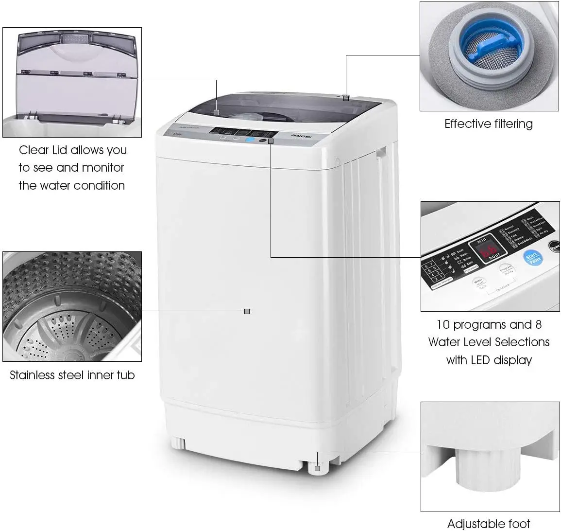 Máquina de lavar roupa totalmente automática Spin com bomba de drenagem, lavadora, portátil e compacta, 10 programas 8 Water Level Select, 1,34 cu. ft