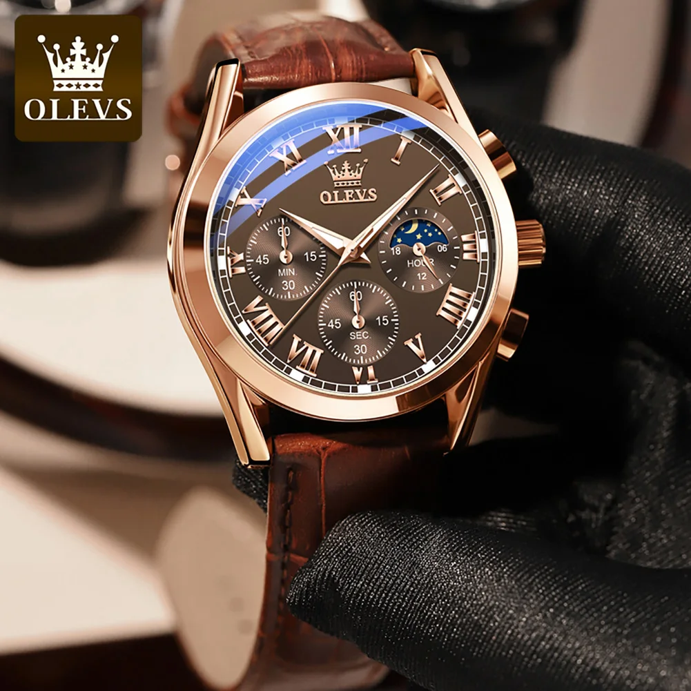 OLEVS 2871 Top Brand Men\'s Quartz Watch Noctilucent Business Waterproof Luxury Watch Leather Strap Moon Phase Relogio Masculino