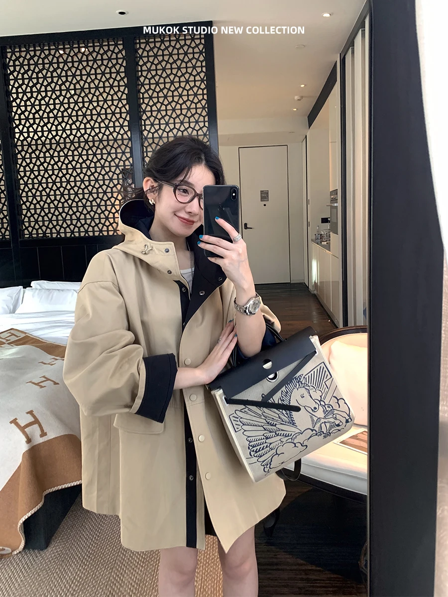 

MUKOK Khaki Color Blo Hooded Mid-Length Women's Jaet Casual Sle Long Sve Single Button Closure Color Coat