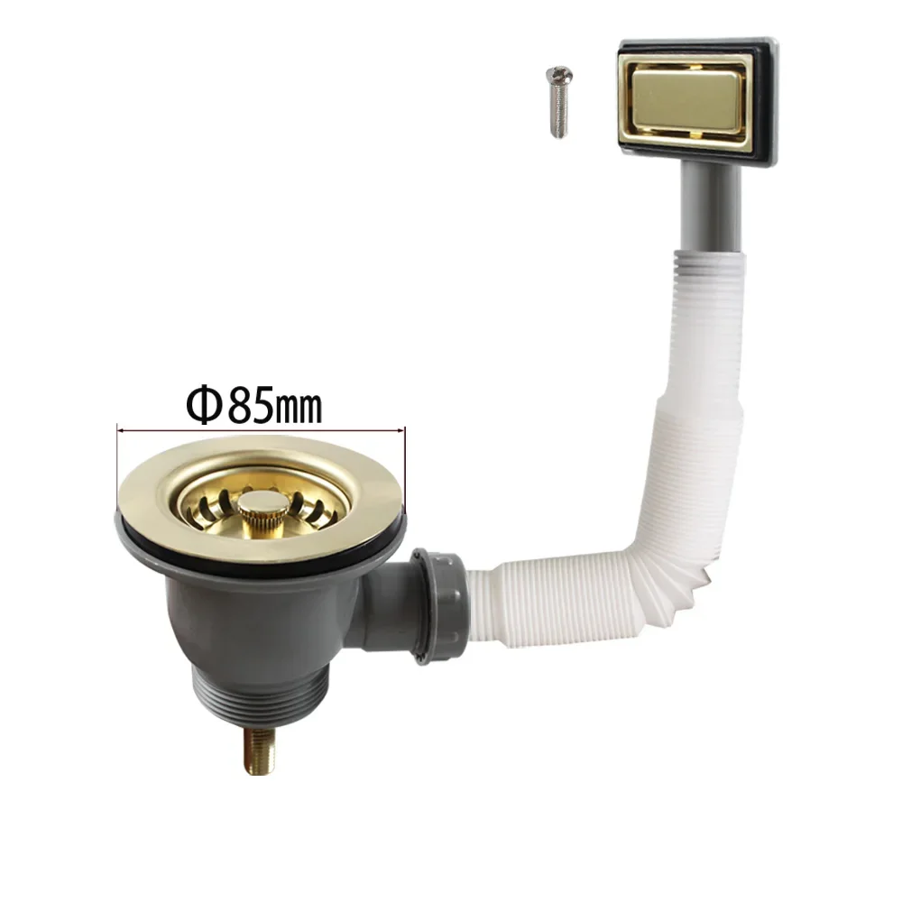 Talea Kitchen Sink Strainer 85MM Waste Outlet Gold Plated,Polished Golden Color Drainer with Overflow Pipe,XJ302C004