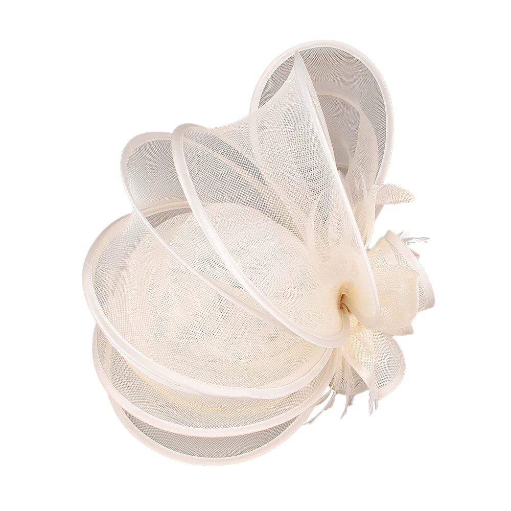 Beige Millinery Caps With Headbands Accessories Imitation Sinamay Derby Cocktail Hat Women Bridal Hair Fascinators Feather Fancy view 5
