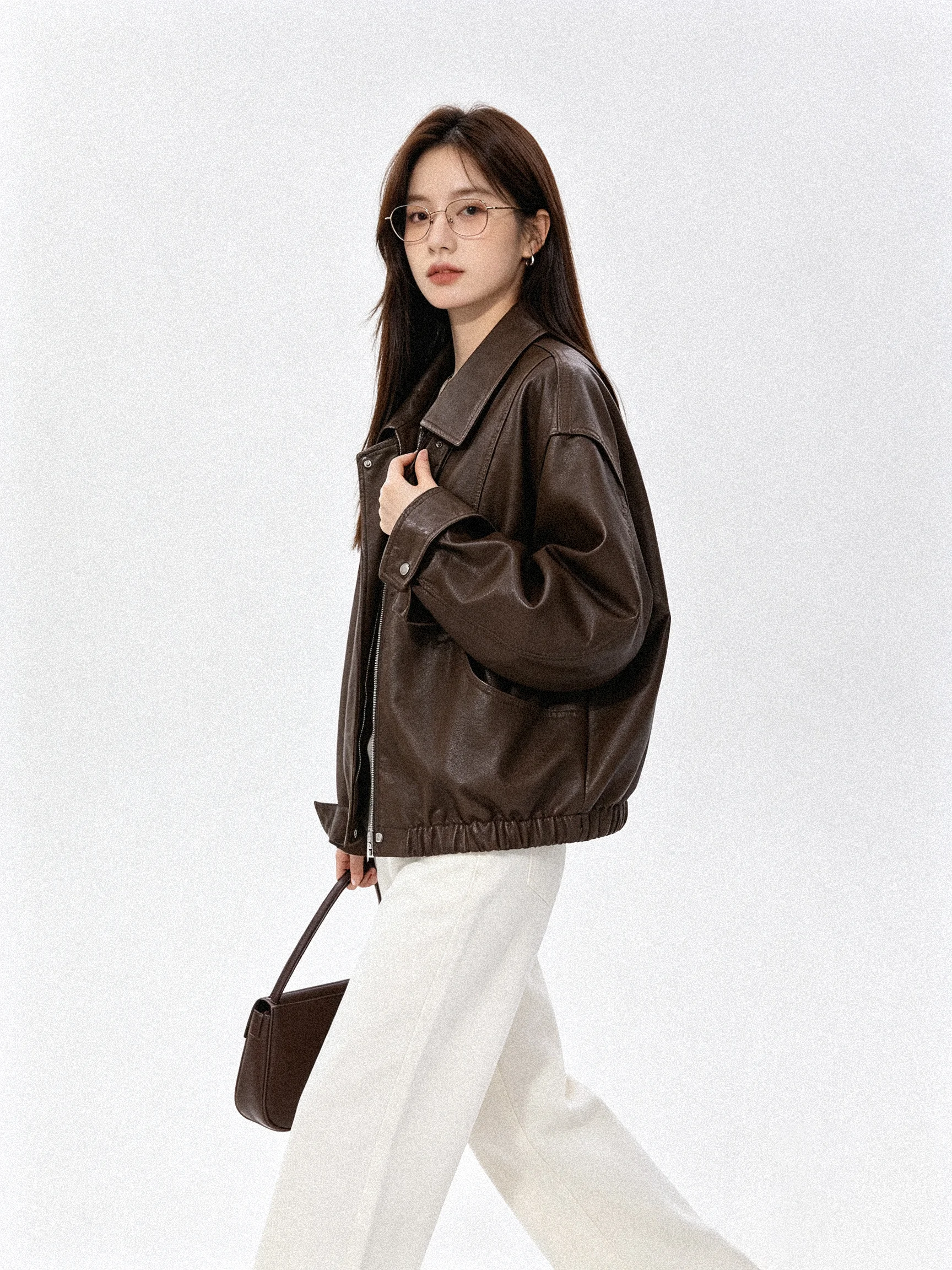 Retro Sweet Cool Biker Short Leather Jacket Korean Style Loose Fit Autumn Versatile Turn-down Collar Zipper Closure Women's Coat