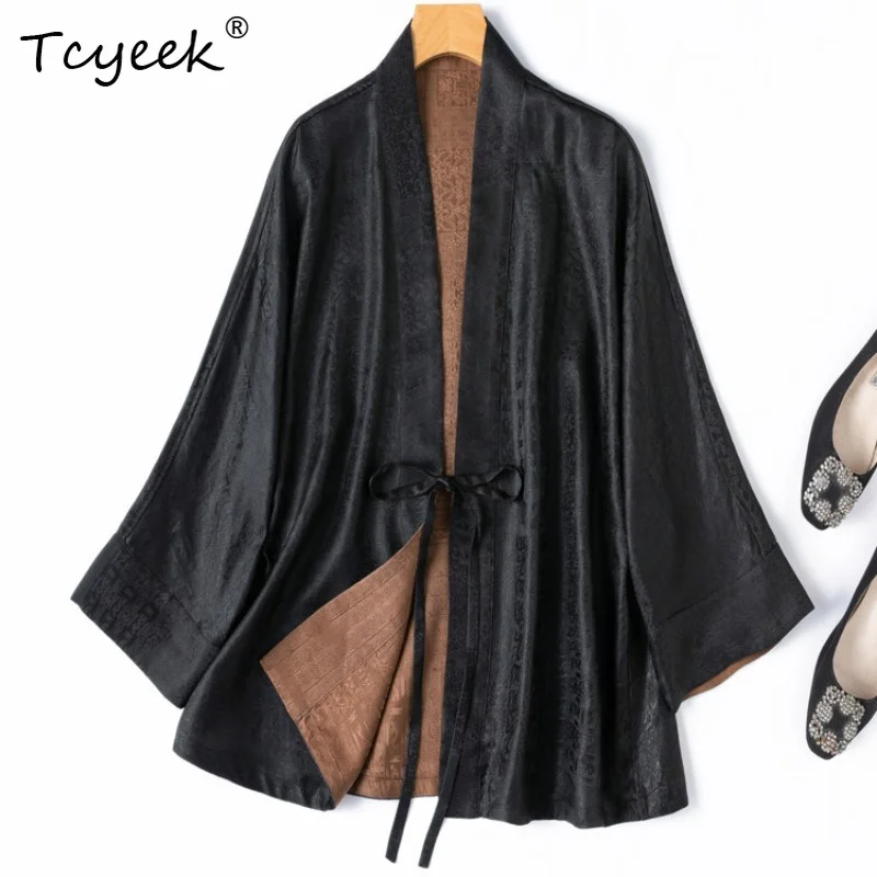 Tcyeek 100% Real Mulberry Silk Women's Tops 2026 Spring New Chinese-style Retro Loose Reversible Coat Ladies Clothing Ropa Mujer