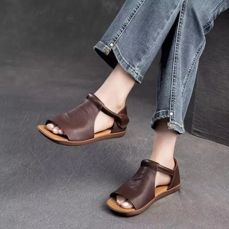 2026 new Women's Retro Handmade Flat Sandals, Open Toe T-Strap Comfortable Sandals, Vintage Style Daily Commuting Mom Shoes