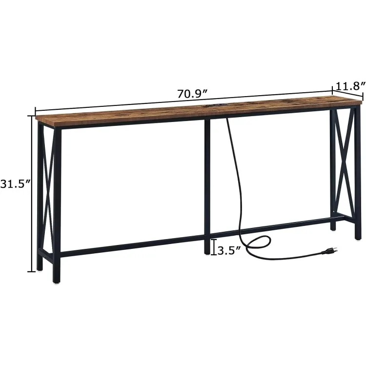70 Inch Console Table with 2 Outlet and 2 USB Ports, Extra Long Entryway Table with Metal Frame and X-Shaped Design