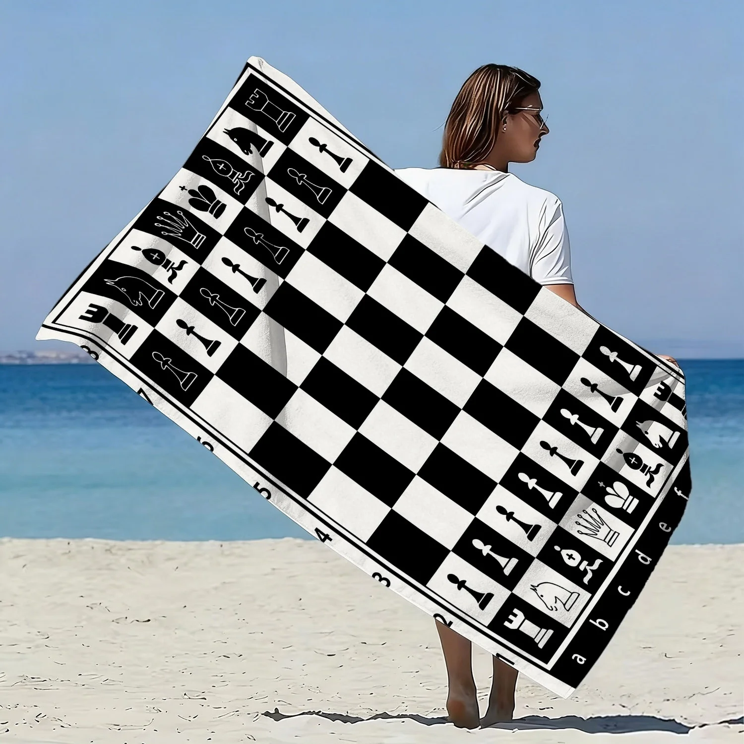 Chessboard with black and white theme polyester microfiber beach towel is highly absorbent, suitable swimming and beach outings