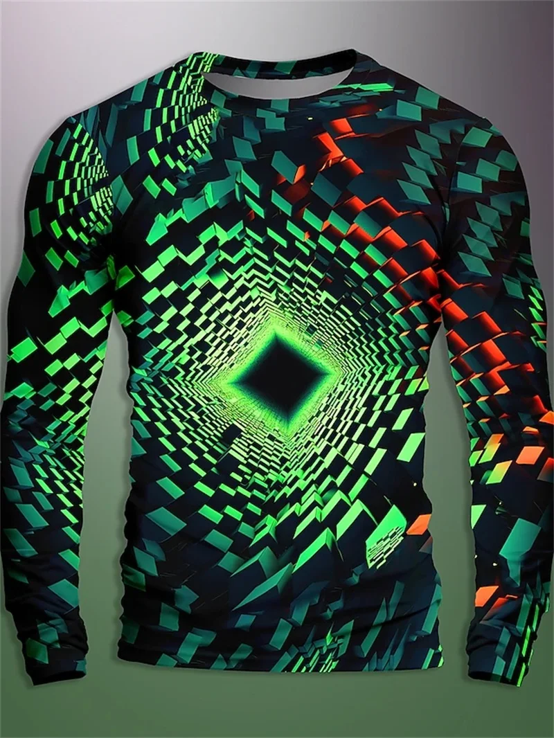 Full Print Geometric Optical Illusion Visual Graphic Tshirt For Men Casual Artistic Long Sleeve Crew Neck Tee Shirts Clothes
