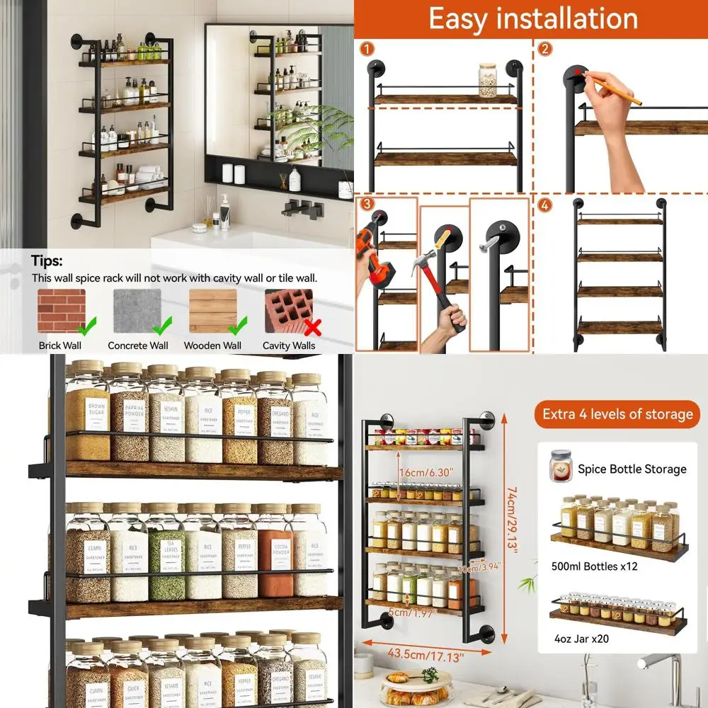 

4-уровневая настенная полка для специй, вмещает до 50 банок, большой органайзер для кухни, ванной, кладовой, гостиной — коричневый TLJ016H