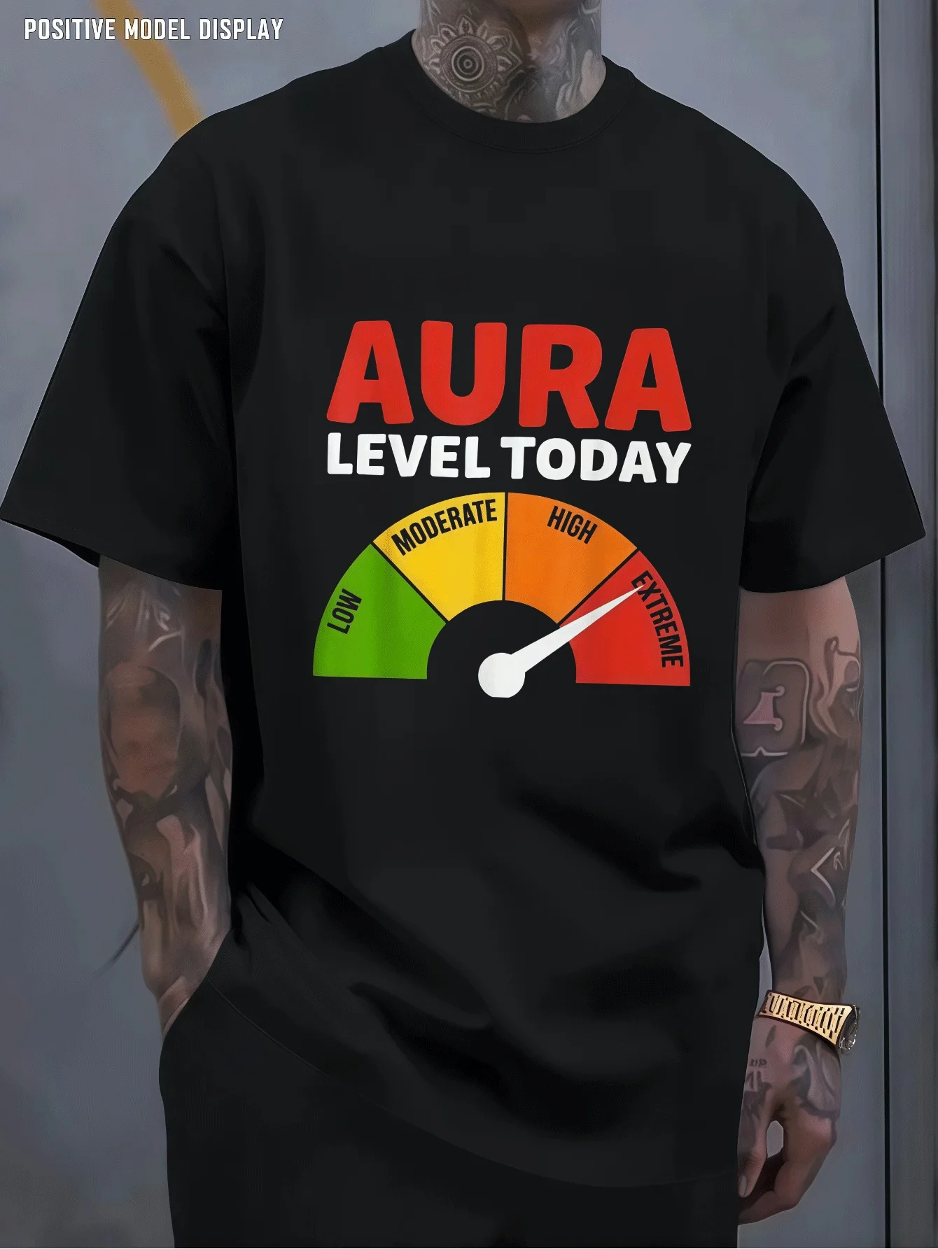 T-shirt col rond homme bleu marine, motif coloré 'Aura Level Today Extreme Vibe', suivi d'humeur spirituel amusant, en coton doux