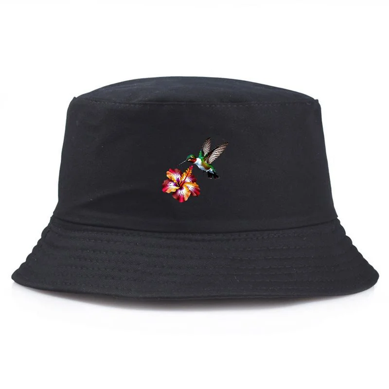 Hummingbird Flower Print Bucket Hat Cotton Casual Fisherman's Hat Y2K Vintage Style Packable Summer Beach Sun Fishing Cap
