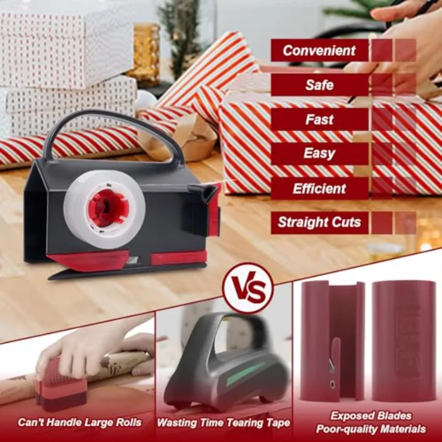 Outil d'emballage cadeau à double usage avec 4 bandes et 2 lames de rechange pour emballage de noël, d'anniversaire et de vacances, conception de tubes à trancher coulissants