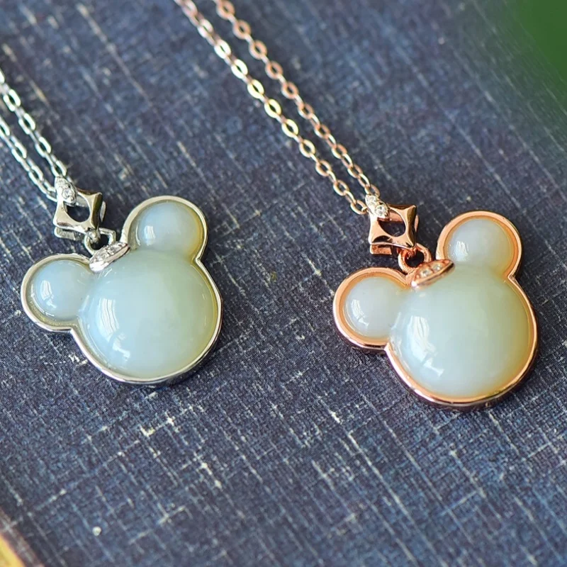SGAIT Natural Hetian White Jade S925 Silver Mini Mickey Pendant 18*22mm Cute Design Fine Texture Fashion Versatile Necklace