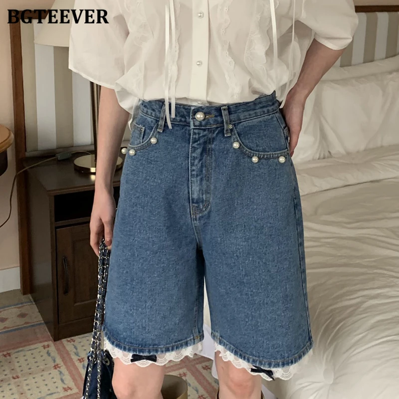 

BGTEEVER Vintage Loose Female Straight Bow Denim Shorts Summer High Waist Pockets Casual Women Lace Jeans Shorts